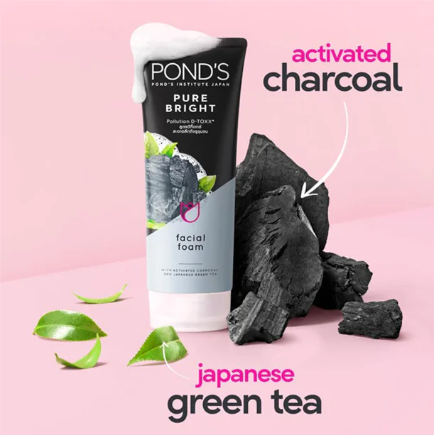 غسول-بوندس-بالفحم-النشط-والشاي-الأخضر ponds pure bright Facial Foam with activated charcoal and Japanese green tea pollution D-TOXX