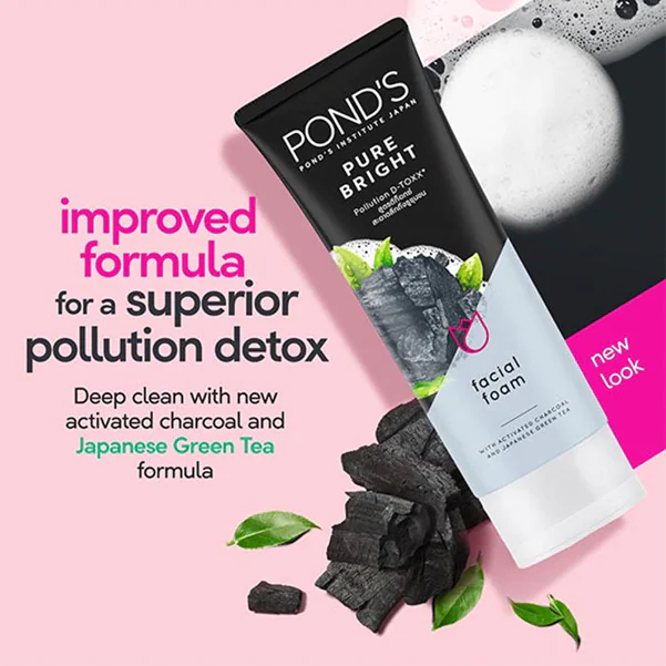 غسول-بوندس-بالفحم-النشط-والشاي-الأخضر ponds pure bright Facial Foam with activated charcoal and Japanese green tea pollution D-TOXX